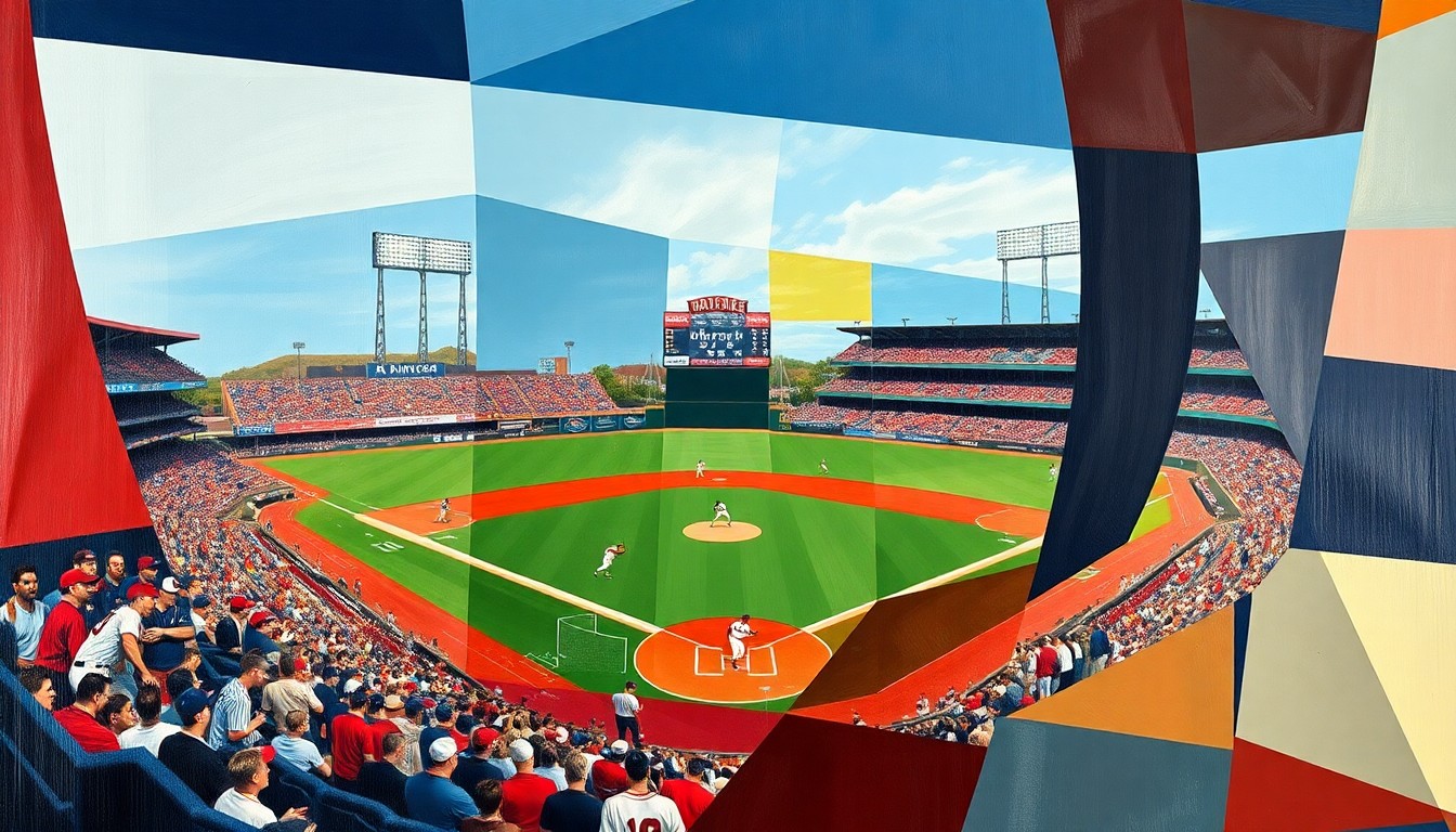 A fractured, cubist-style painting depicting a baseball game in progress, with the players and field broken down into sharp, overlapping geometric shapes and planes of vibrant colors, capturing the raw energy and movement of the sport.