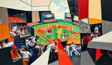 A cubist-style painting depicting a baseball game in progress, with the players and field broken down into sharp, overlapping geometric shapes and planes, conveying the fractured nature of the 1986 Red Sox