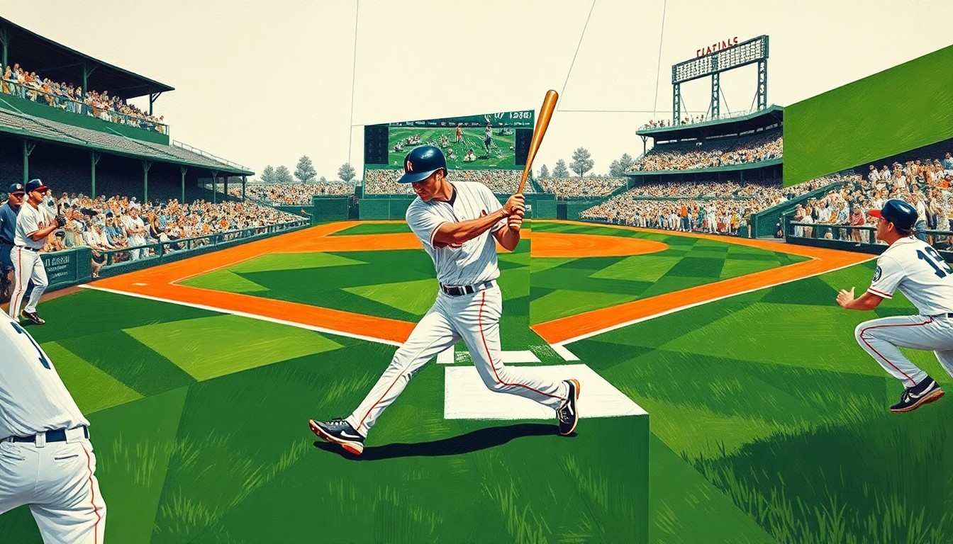 A fractured, cubist-style painting depicting the chaotic, overlapping movements and perspectives of a baseball player making a game-winning hit, conceptually representing the excitement and drama of the Mariners