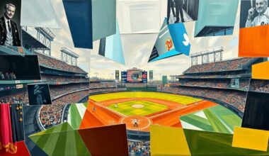 A fragmented, geometric painting depicting a baseball game or match, with sharp, overlapping shapes and planes representing the complexities of the Giants