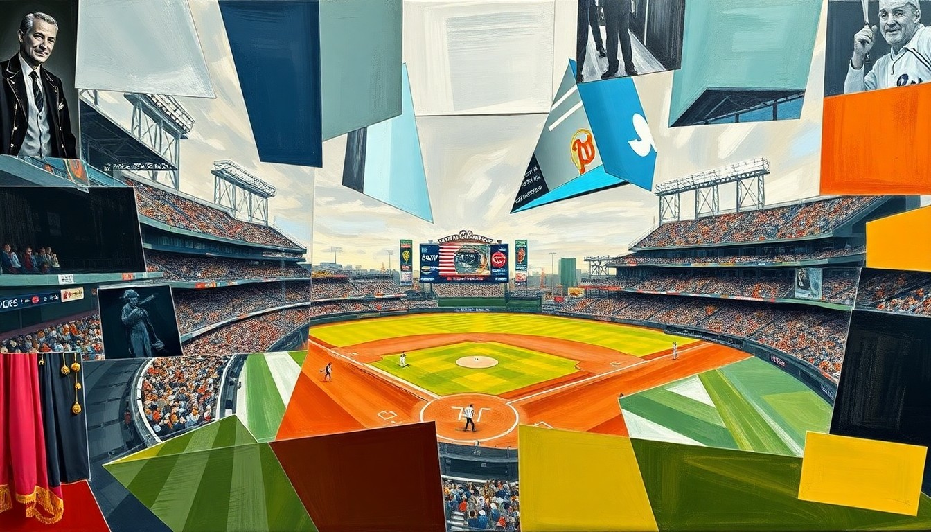 A fragmented, geometric painting depicting a baseball game or match, with sharp, overlapping shapes and planes representing the complexities of the Giants