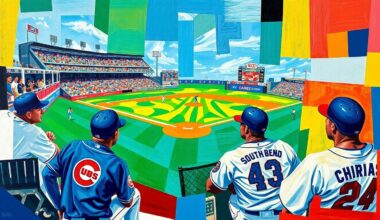A fragmented, geometric painting depicting a baseball game, with the vibrant colors of the teams