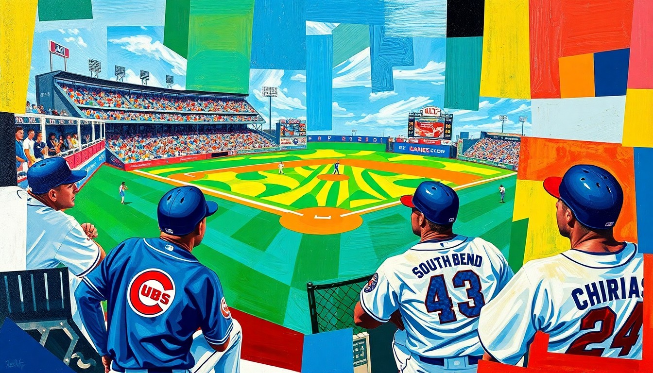 A fragmented, geometric painting depicting a baseball game, with the vibrant colors of the teams