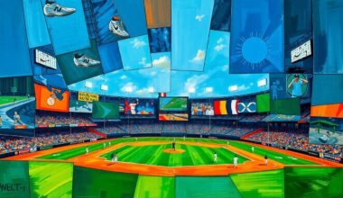 A cubist, geometric painting depicting a baseball game or match, with sharp, overlapping planes of color and shape, capturing the dynamic energy and movement of the sport.