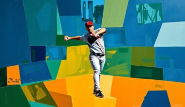 A fractured, multi-perspective painting in a cubist style, breaking down a baseball pitcher