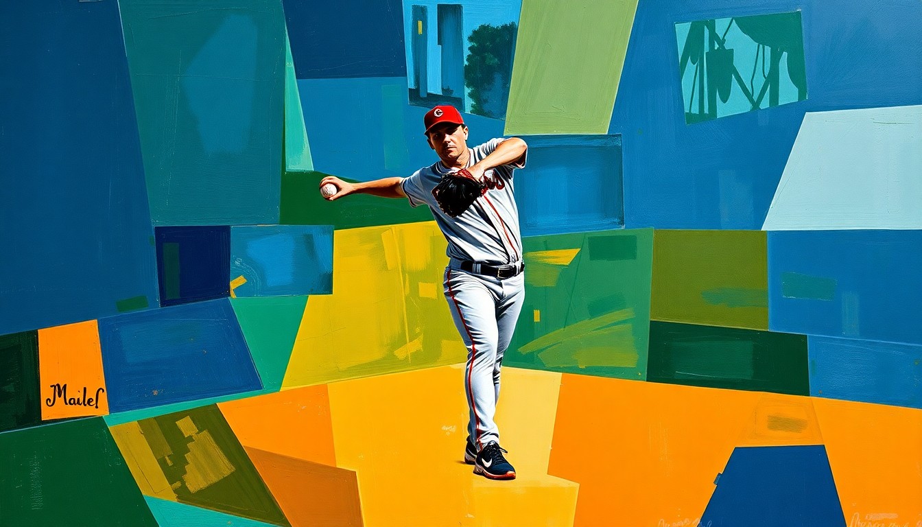 A fractured, multi-perspective painting in a cubist style, breaking down a baseball pitcher
