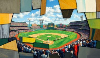 A cubist, geometric painting depicting a fragmented baseball scene, with overlapping planes of color and shape representing the various broadcast angles and platforms that will cover the Brewers