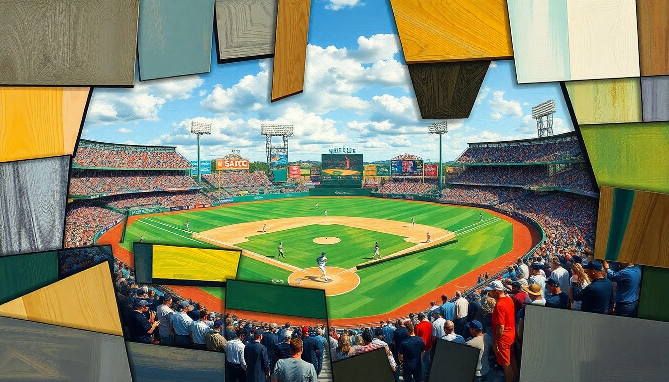 A cubist, geometric painting depicting a fragmented baseball scene, with overlapping planes of color and shape representing the various broadcast angles and platforms that will cover the Brewers