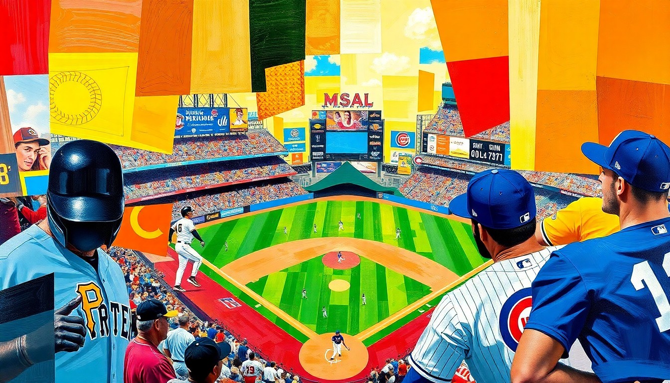 A cubist-style painting featuring overlapping geometric shapes and planes in the team colors of the Pittsburgh Pirates and Chicago Cubs, conveying the dynamic action and momentum of their baseball game.