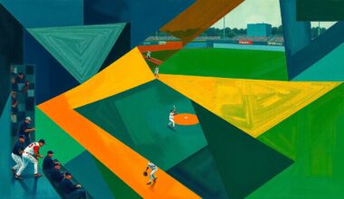 A fragmented, cubist-style painting depicting a baseball game, with the players and field broken down into sharp, angular shapes in a bold color palette, capturing the intensity and energy of the matchup.