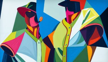 A cubist, geometric painting depicting the vibrant new City Connect baseball uniforms, with sharp, overlapping planes of color and form representing the diverse designs and cultural influences.