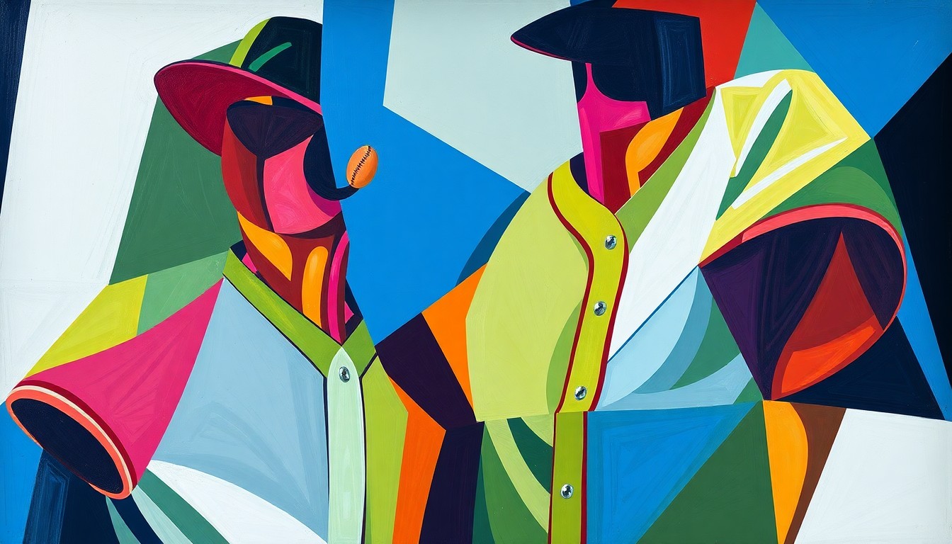A cubist, geometric painting depicting the vibrant new City Connect baseball uniforms, with sharp, overlapping planes of color and form representing the diverse designs and cultural influences.