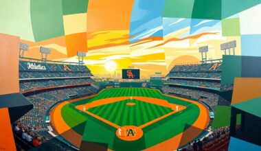 A cubist-style painting depicting a baseball game between the Oakland Athletics and San Francisco Giants, with the players and field broken down into sharp, overlapping geometric shapes in vibrant colors.