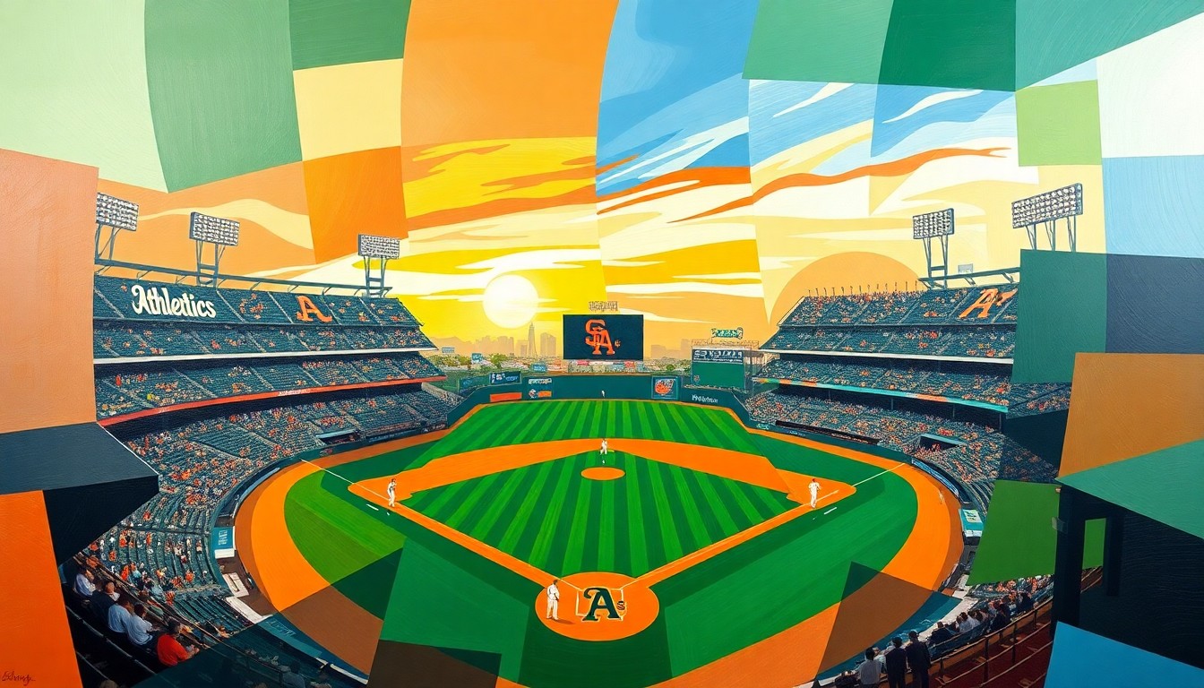 A cubist-style painting depicting a baseball game between the Oakland Athletics and San Francisco Giants, with the players and field broken down into sharp, overlapping geometric shapes in vibrant colors.