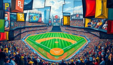 A fragmented, geometric painting depicting a baseball game between the Pittsburgh Pirates and Chicago Cubs, with the players and field broken down into sharp, overlapping planes of color and shape, capturing the intensity and drama of the game.