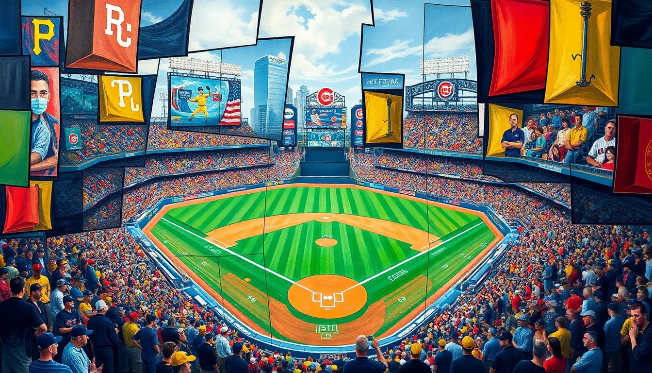 A fragmented, geometric painting depicting a baseball game between the Pittsburgh Pirates and Chicago Cubs, with the players and field broken down into sharp, overlapping planes of color and shape, capturing the intensity and drama of the game.
