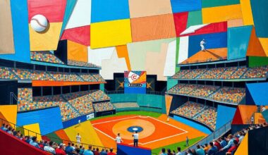 A fragmented, geometric painting in bold colors depicting various baseball players and actions, representing the intensity and unpredictability of the Phillies-Nationals matchup.