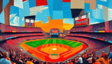 A fractured, multi-perspective painting in bold, vibrant colors depicting a baseball game in progress, with sharp, overlapping geometric shapes representing the players, field, and action.