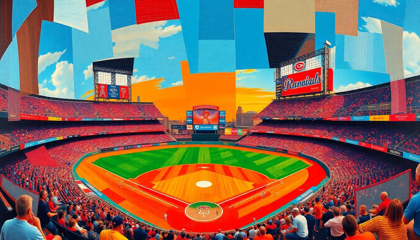 A fractured, multi-perspective painting in bold, vibrant colors depicting a baseball game in progress, with sharp, overlapping geometric shapes representing the players, field, and action.
