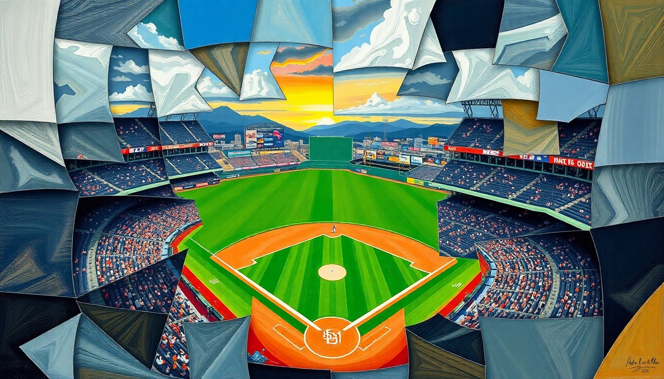 A fragmented, geometric painting depicting a baseball game in motion, with players and the field broken down into overlapping angular shapes and planes of color.