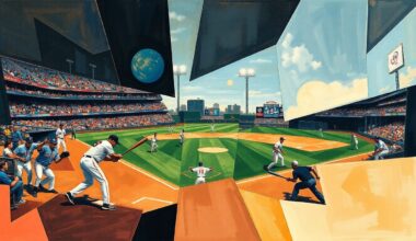 A cubist, geometric painting depicting a baseball game or action, with players and the field abstracted into sharp, overlapping planes of color and shape.