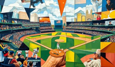 A fractured, multi-perspective painting in vibrant colors, breaking down a baseball game or match into sharp, overlapping geometric planes, with no recognizable players or field elements.