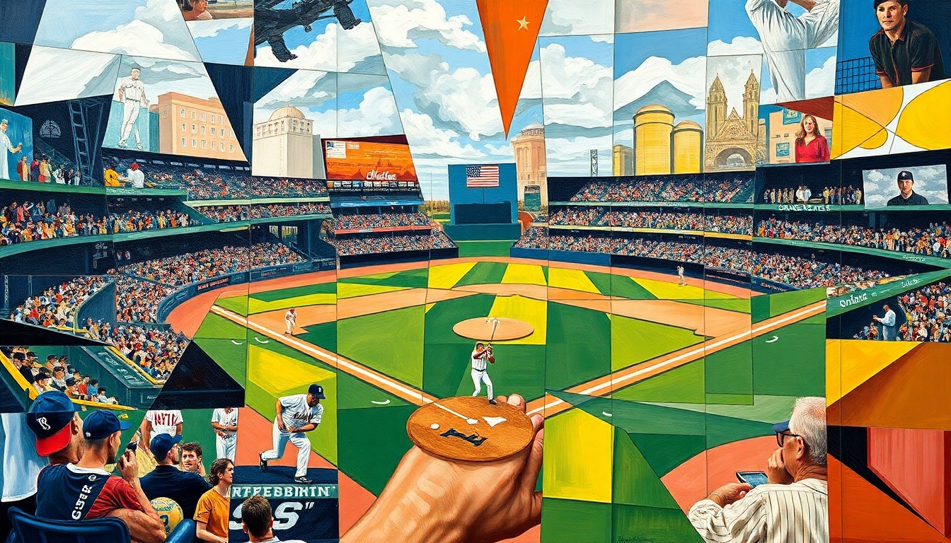 A fractured, multi-perspective painting in vibrant colors, breaking down a baseball game or match into sharp, overlapping geometric planes, with no recognizable players or field elements.