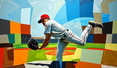 A cubist-style painting depicting a baseball pitcher