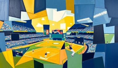 A fractured, cubist-style painting depicting a baseball game or spring training action, with sharp geometric planes in the Brewers