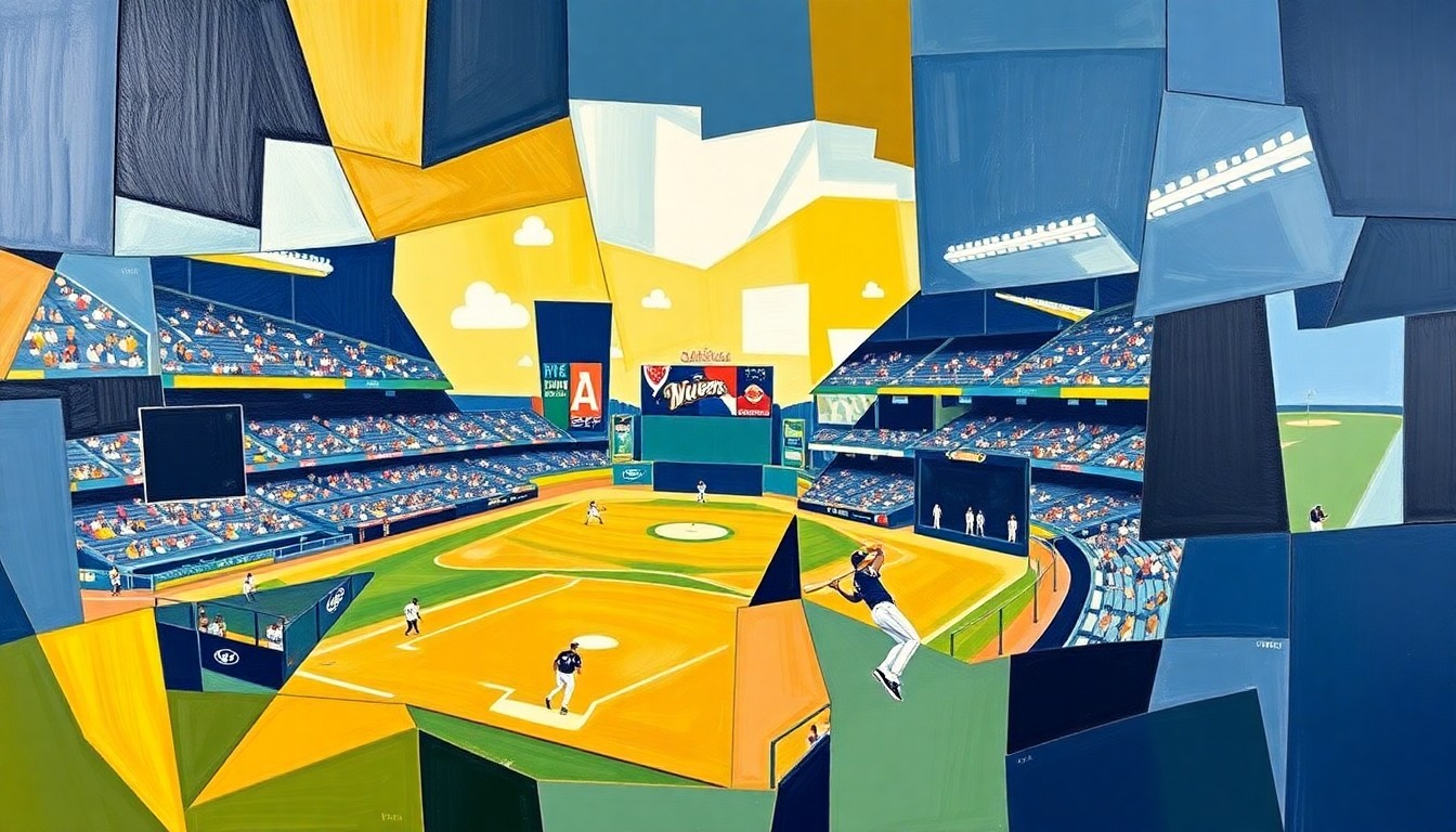 A fractured, cubist-style painting depicting a baseball game or spring training action, with sharp geometric planes in the Brewers