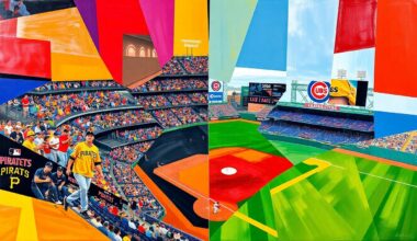 A cubist, geometric painting depicting the various plays and actions of Oneil Cruz