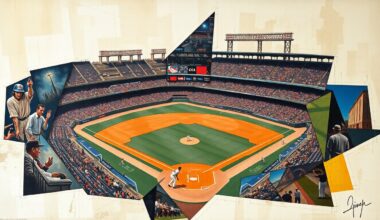 A fragmented, geometric painting depicting a baseball game, with players and field elements broken down into sharp, overlapping shapes and planes, conveying the dynamic nature of the sport.