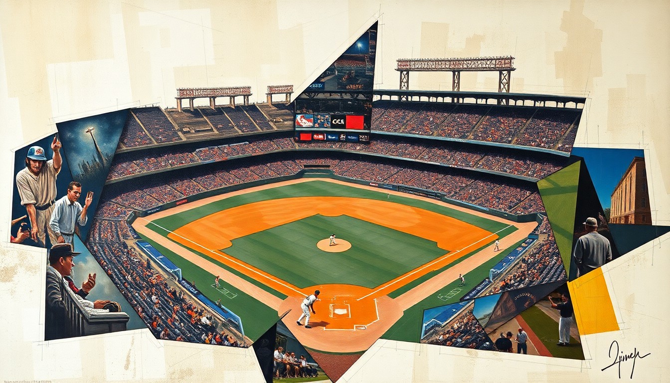 A fragmented, geometric painting depicting a baseball game, with players and field elements broken down into sharp, overlapping shapes and planes, conveying the dynamic nature of the sport.