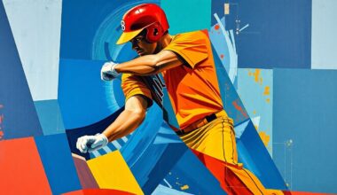 A cubist, geometric painting depicting a baseball player in motion, with sharp, overlapping planes of color representing the dynamic action of the game.