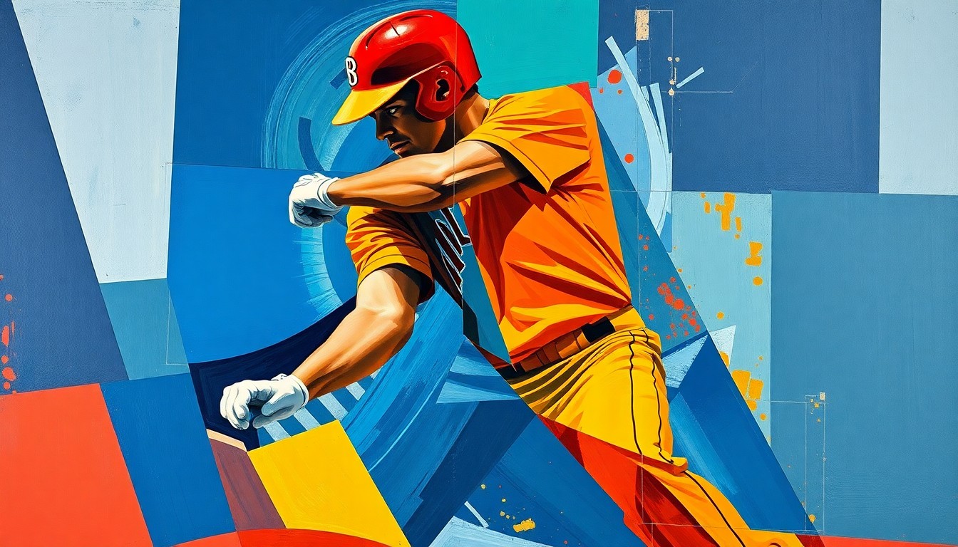 A cubist, geometric painting depicting a baseball player in motion, with sharp, overlapping planes of color representing the dynamic action of the game.