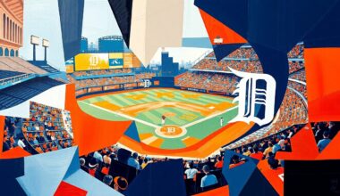 A cubist, geometric painting depicting a Detroit Tigers baseball game, with the players and field broken down into sharp, overlapping planes of navy blue, orange, and white, capturing the dynamic energy of the sport in an abstract, conceptual style.