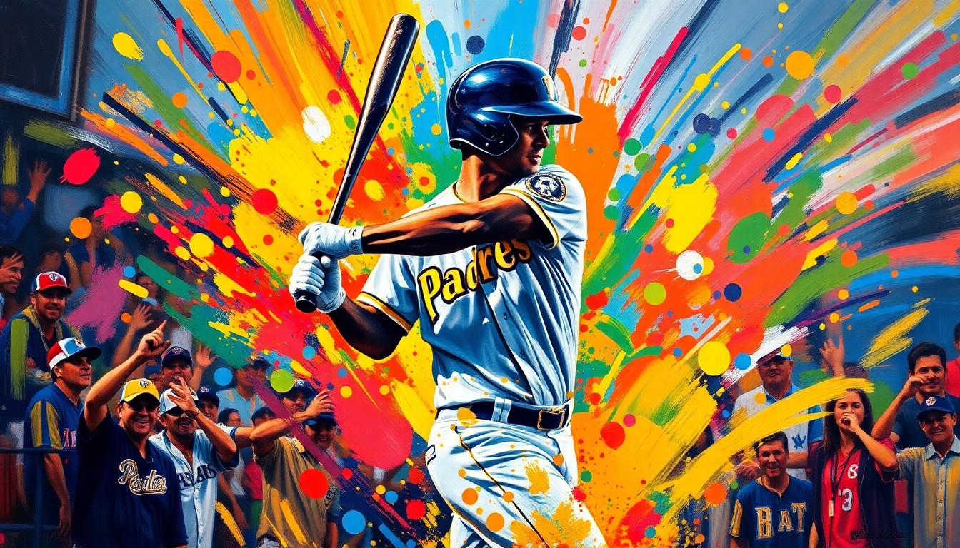 An abstract, expressionist painting in vibrant neon colors, capturing the raw energy and emotion of a Padres walk-off victory, with the batter