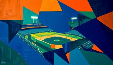 A cubist, geometric painting depicting a fragmented baseball game, with sharp, overlapping planes of navy, green, and orange, conveying the complex financial dynamics shaping the sport