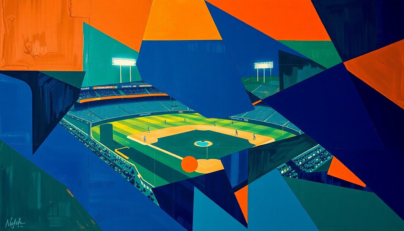 A cubist, geometric painting depicting a fragmented baseball game, with sharp, overlapping planes of navy, green, and orange, conveying the complex financial dynamics shaping the sport