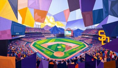 A cubist-style painting depicting a baseball game between the Colorado Rockies and San Diego Padres, with the action broken down into sharp, overlapping geometric shapes and planes of vibrant purple, brown, and gold colors.