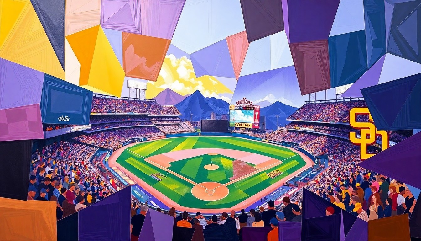 A cubist-style painting depicting a baseball game between the Colorado Rockies and San Diego Padres, with the action broken down into sharp, overlapping geometric shapes and planes of vibrant purple, brown, and gold colors.