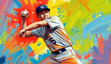 An abstract, energetic painting featuring bold brushstrokes of neon greens, blues, and oranges, capturing the dynamic motion and power of a baseball pitcher in the midst of his delivery.