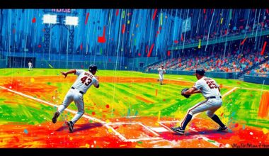 An abstract, expressionist painting in neon colors depicting the dynamic energy and movement of a baseball game being played in the rain, with the players and field dissolved into unrecognizable splatters of color.
