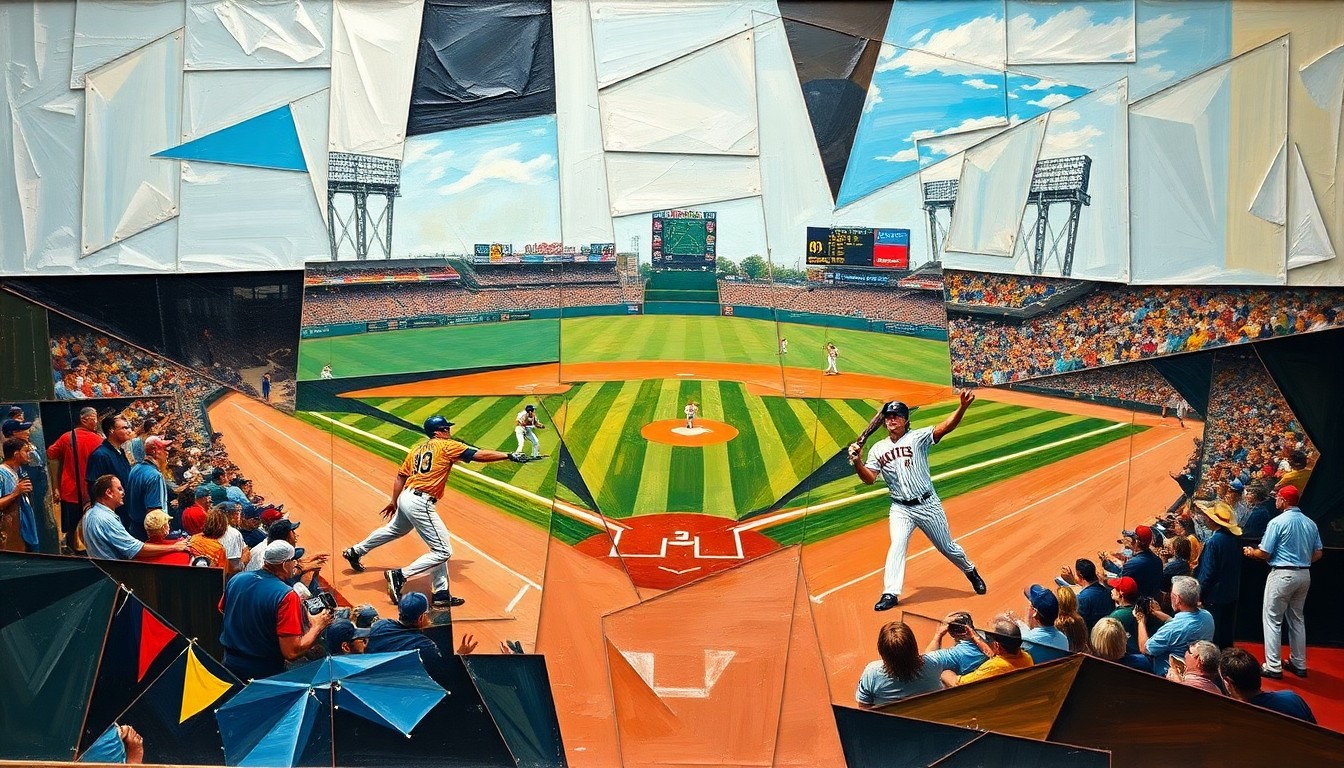 A fractured, geometric painting depicting the motion and action of a baseball game, with the players