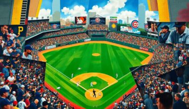 A fractured, multi-perspective painting featuring abstracted shapes and colors that represent the dynamic energy and tension of a baseball game between the Pittsburgh Pirates and Chicago Cubs.