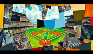 A cubist, geometric painting depicting a baseball game, with players and the field broken down into sharp, overlapping shapes and planes of color, capturing the dynamic action and energy of the sport.