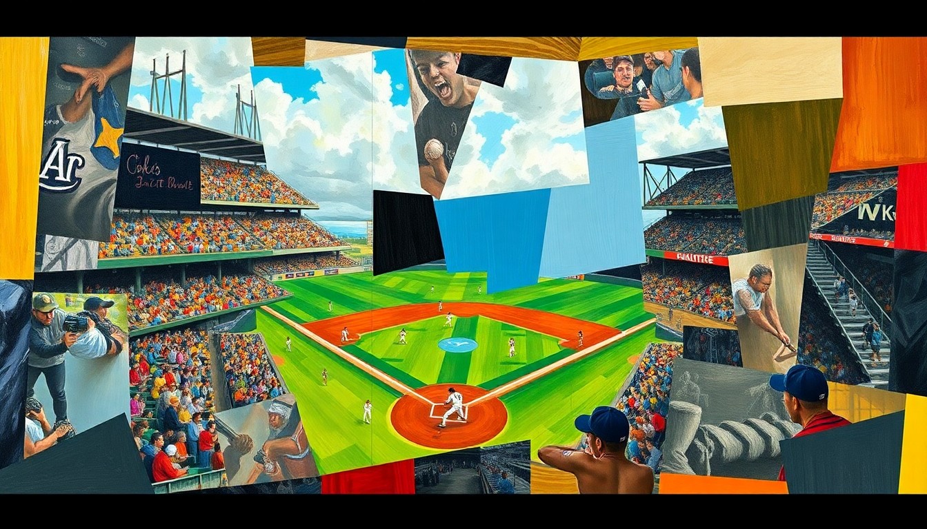 A cubist, geometric painting depicting a baseball game, with players and the field broken down into sharp, overlapping shapes and planes of color, capturing the dynamic action and energy of the sport.