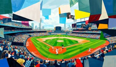A cubist-style painting depicting a baseball game or match, with the players and field broken down into abstract geometric shapes and planes of color, capturing the dynamic energy and multiple perspectives of the sport.