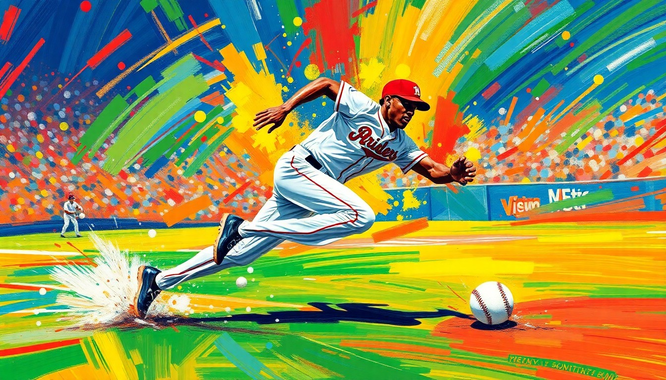 An abstract, expressionist painting in vibrant neon colors, capturing the dynamic motion and energy of a baseball player stealing a base with rapid, energetic brushstrokes.