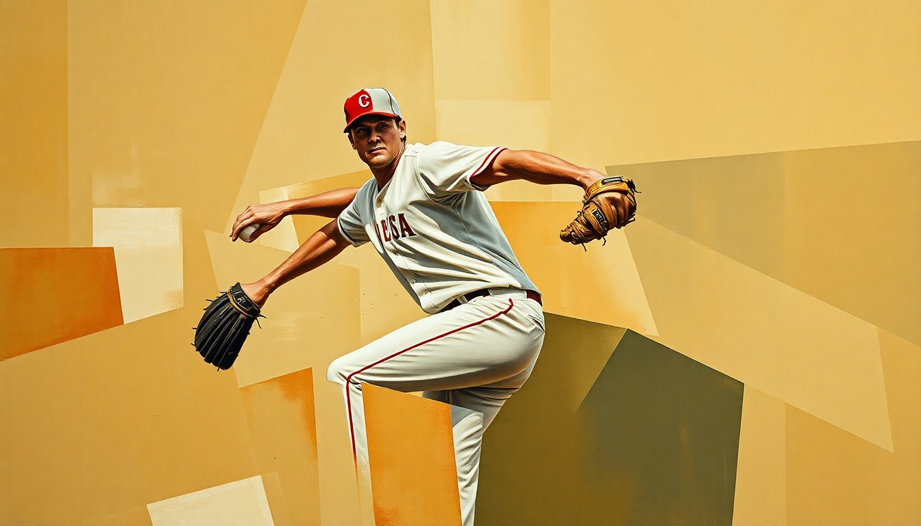 A cubist-style painting depicting a baseball pitcher